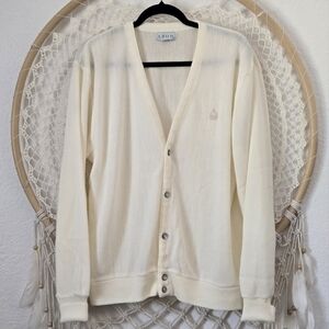 Vintage 80s Izod Men's V-Neck Cardigan Sweater Off-White Cream Y2K Preppy USA L